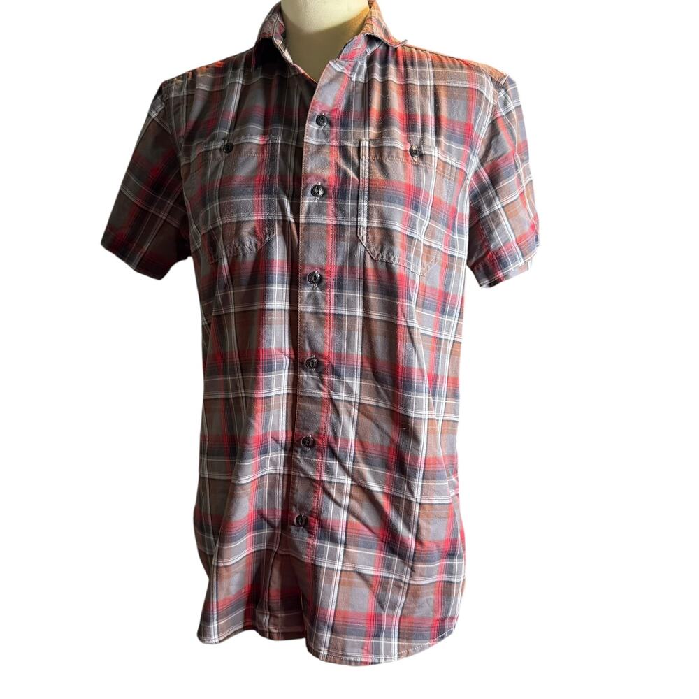 Kuhl Tapered Fit Plaid Short Sleeve Button Down Shirt, Red Grey, Men's Small